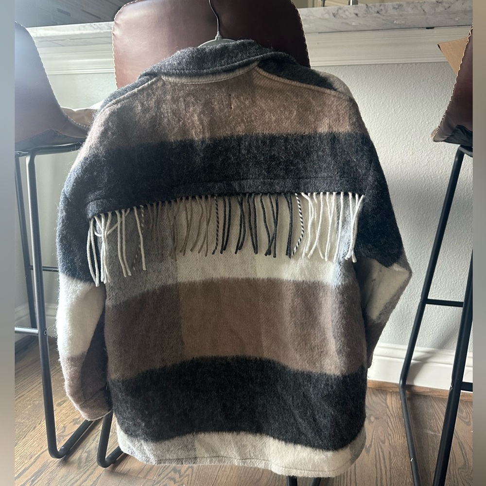 Zara Plaid Wool Shacket with fringe on the back
